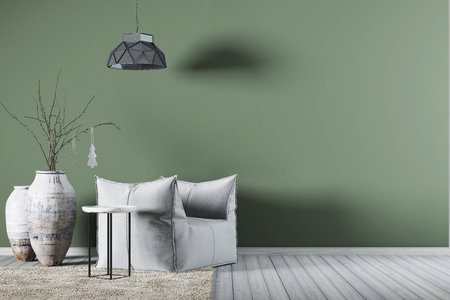 Interior with empty green wall white armchair and little side table. 3D renderingの写真素材