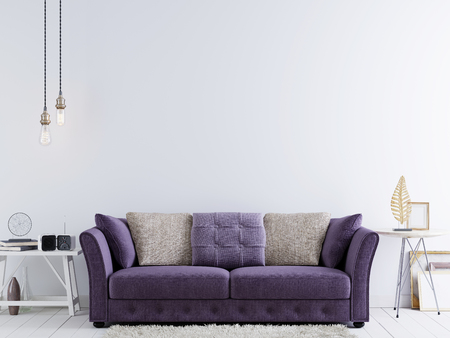 Empty wall for mock up on a white wall in modern hipster interior with violet sofa and white table. 3D rendering.の写真素材