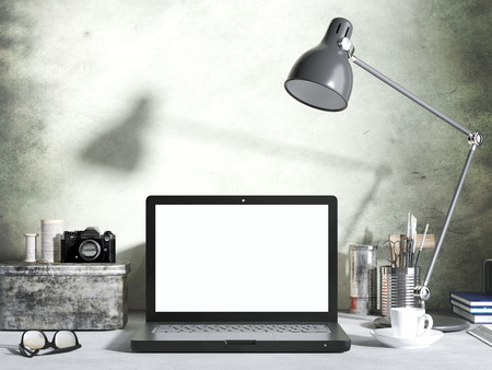 Mockup laptop computer on desk in living room background. workspace with blank screen laptop. 3D renderの写真素材