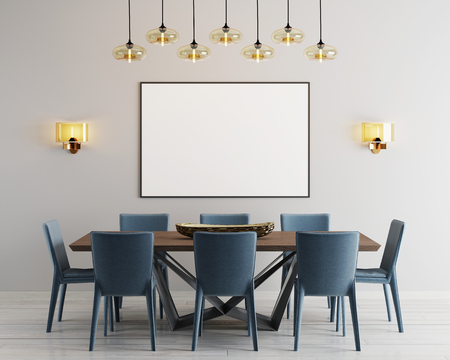 mockup poster in modern dining room with long table and eight chairs. 3D renderingの写真素材