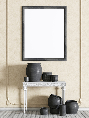 Mock up poster frame in classic interior with white table with vase. 3D renderingの写真素材