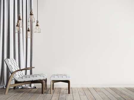 Leather armchair against the empty wall with curtain in navy living room with lamp. 3D renderの写真素材