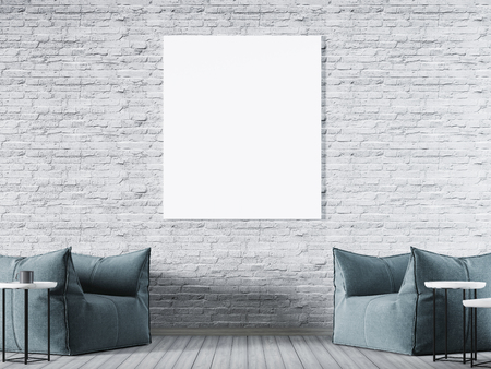 mock up poster in the white brick wall, hipster interior background, 3D renderの写真素材