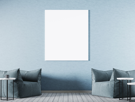 mock up poster in the blue wall, hipster interior background, 3D renderの写真素材