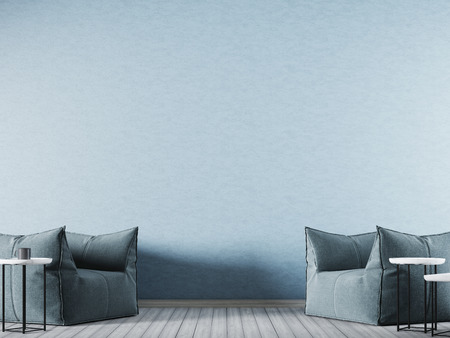 blue empty wall in modern interior background with blue fabric armchair. 3D renderの写真素材