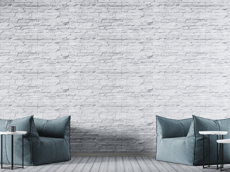 white brick empty wall in modern interior background with blue fabric armchair. 3D renderの写真素材