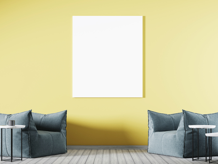 mock up poster in the yellow wall, hipster interior background, 3D renderの写真素材