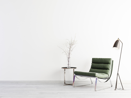Green armchair and metal table on empty wall in simple living room interior. 3D renderingの写真素材