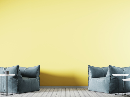empty yellow wall in modern interior background with blue fabric armchair. 3D renderの写真素材