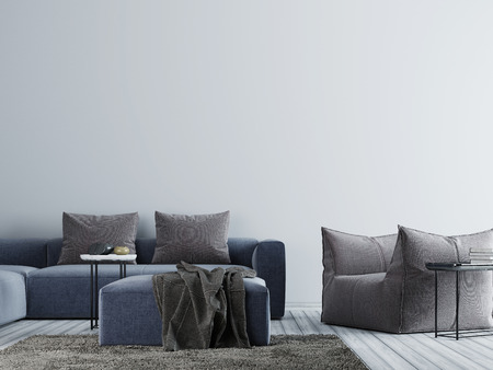 Empty wall in sophisticated living room interior with fabric sofa, chair and table. 3D renderingの写真素材