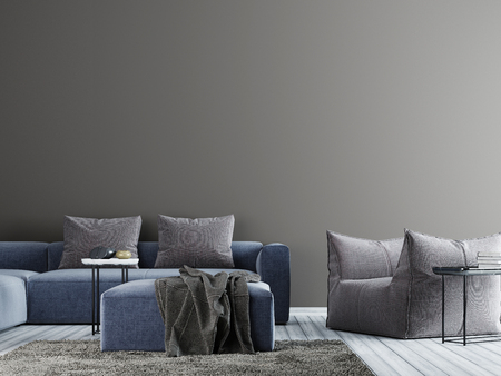 Empty wall in sophisticated living room interior with fabric sofa, chair and table. 3D renderingの写真素材