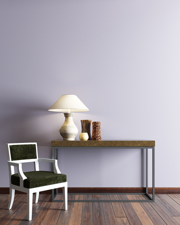 Violet living room interior in modern style with green armchair, table and lamp with vase. 3d rendering.の写真素材