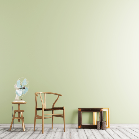 Neutral interior mockup with wooden chair, teable with fan in empty wall background. 3D rendering.の写真素材