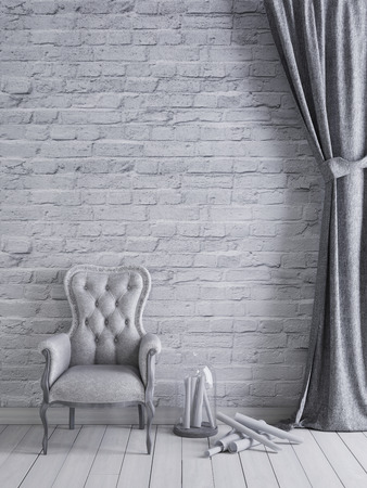 Interior with empty wall and armchair with curtain on a background of an empty wall, 3D render, 3d illustration.の写真素材