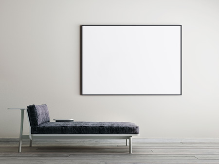 Mock up poster frame in interior with lounge sofa on a wall background. 3D renderingの写真素材