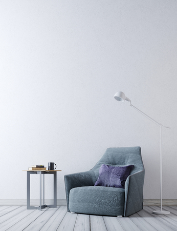 mock up empty wall in modern interior background, Scandinavian style, 3D render, 3D illustrationの写真素材