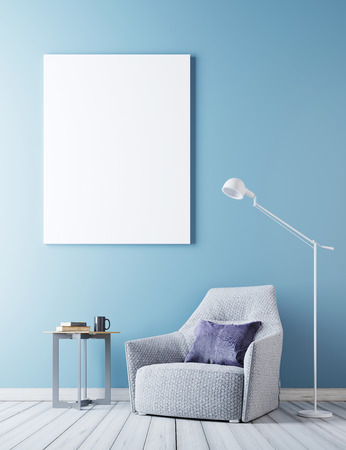mock up poster frame in hipster interior background, Scandinavian style, 3D render, 3D illustrationの写真素材
