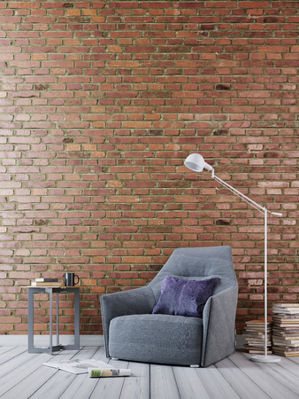mock up brick empty wall in modern interior background, hypster style, 3D render, 3D illustrationの写真素材