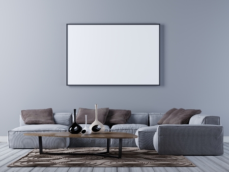 mock up blank poster on the wall of modern living room with corner sofa, 3D rendering, 3D illustrationの写真素材