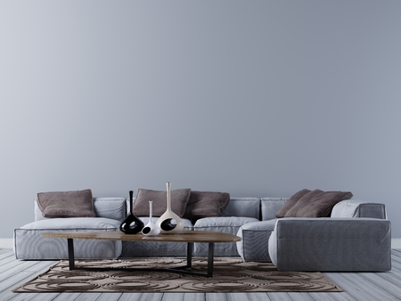 Empty wall on the contemporary living room with corner sofa, 3D rendering, 3D illustrationの写真素材