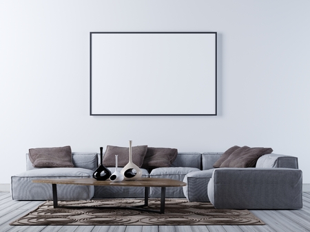 mock up blank poster on the wall of modern living room with corner sofa, 3D rendering, 3D illustrationの写真素材