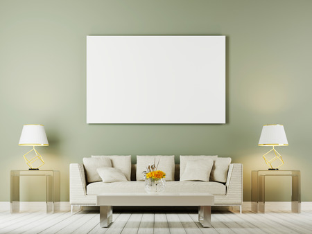 Living room interior wall mock up with white sofa, pillows and lamps on oliwe background, 3D rendering, 3D illustrationの写真素材