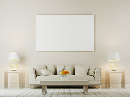 Living room interior wall mock up with white sofa, pillows and lamps on brown background, 3D rendering, 3D illustrationの写真素材