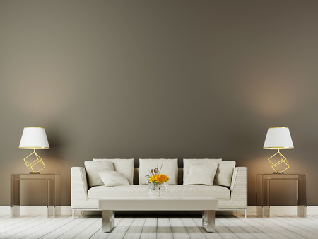 table lamp above beige sofa in sophisticated living room interior with side table on a empty wall background. 3D renderingの写真素材