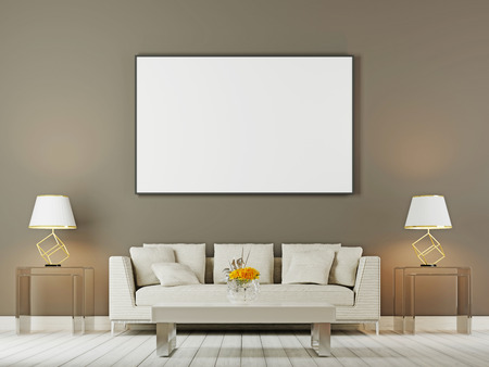 Living room interior wall mock up with white sofa, pillows and lamps on brown background, 3D rendering, 3D illustrationの写真素材