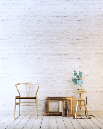 Empty wall with wooden chair and air fan in a white brick background modern interior, 3D renderingの写真素材