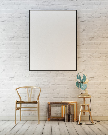 Mock up poster frame in white brick wall concept interior background with chair and air fun. 3D renderingの写真素材