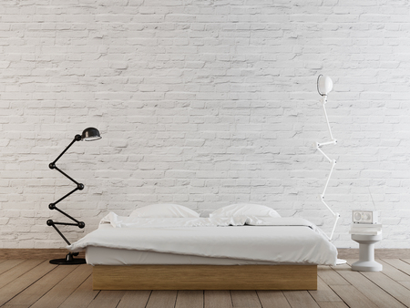Interior empty wall with bad with pamps on the brick wall in home bedroom interior. 3D rendering.の写真素材