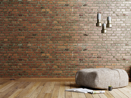 Loft style living room with beige fabric ottoman, stainless lamp and magazine on empty brick red wall background. 3d rendering.の写真素材