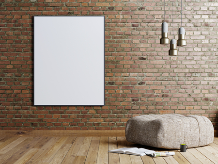 Mock up poster in a brick wall background in a loft style living room with beige fabric ottoman, stainless lamp and magazine. 3D renderingの写真素材