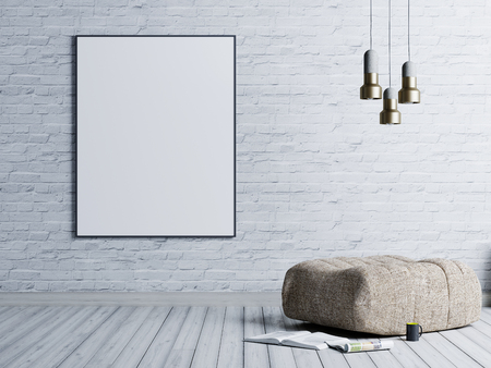 Mock up poster in a brick wall background in a loft style living room with beige fabric ottoman, stainless lamp and magazine. 3D renderingの写真素材