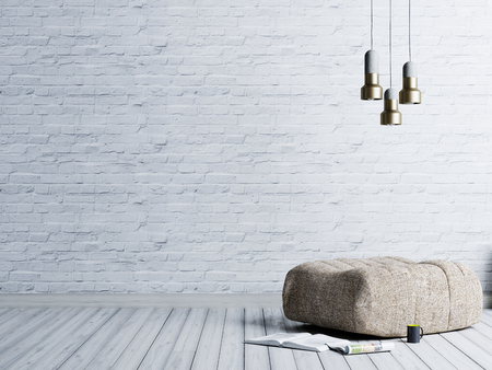 Loft style living room with beige fabric ottoman, stainless lamp and magazine on empty brick white wall background. 3d rendering.の写真素材