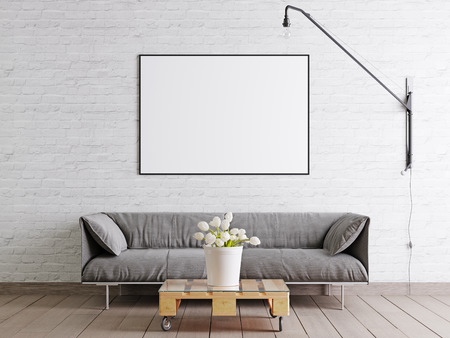 Mock up frame poster in scandinavian style livingroom with fabric sofa, lamp and plant in bucket on white wall background. 3d rendering.の写真素材