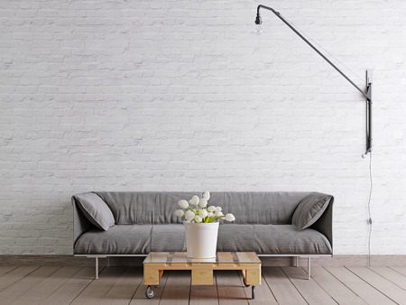 Scandinavian style livingroom with fabric sofa, lamp and plant in bucket on white empty wall background. 3d rendering.の写真素材