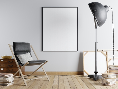 Mock up poster in the urban interior with an armchair and a black big lamp and books, 3d render, 3d illustration.の写真素材