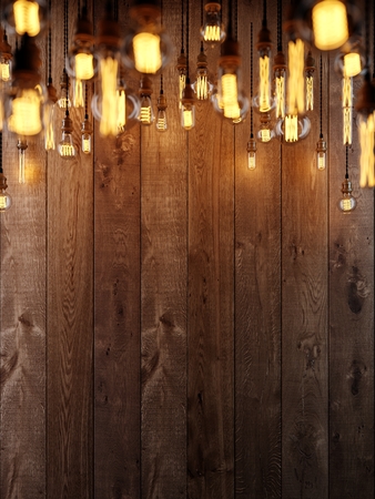 The light from the Edison lamp. Hang on the background of a wooden wall, depth-of-field camera effects. 3D renderingの写真素材