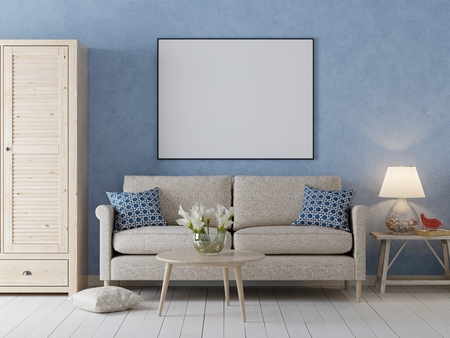 mock up poster frame in interior background, Scandinavian style with sofa and cabinet, 3D render, 3D illustrationの写真素材