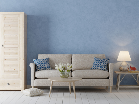 Empty wall  for mockup in interior background, Scandinavian style with sofa and cabinet, 3D render, 3D illustrationの写真素材