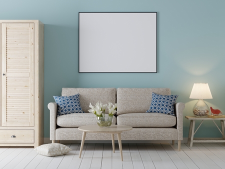 mock up poster frame in interior background, Scandinavian style with sofa and cabinet, 3D render, 3D illustrationの写真素材
