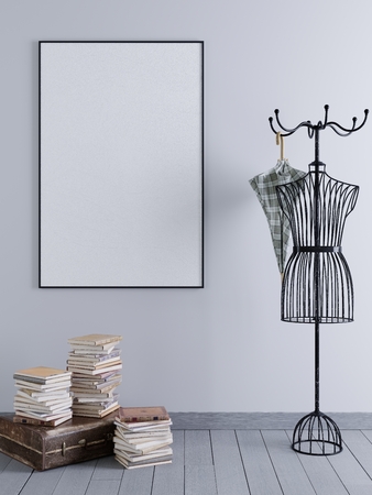 Mock up poster frame in interior with decorative hanger and an old suitcase with books. 3D renderingの写真素材