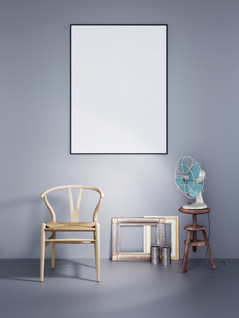 Mock up poster frame with wooden chair and air fan in a gray wall background dark modern interior, 3D renderingの写真素材