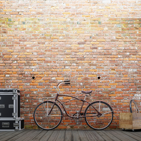 Empty brick wall for mockup with a bike and decor on a urban exterior. 3D renderingの写真素材