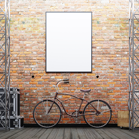 Mock up poster frame on the brick wall with a bike and decor on a urban exterior. 3D renderingの写真素材