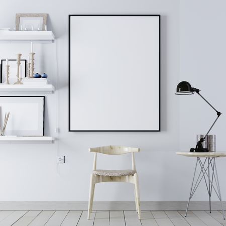 Mock up poster with vintage hipster minimalism loft interior background with chair and shelves with decor, 3D rendering, 3D illustrationの写真素材