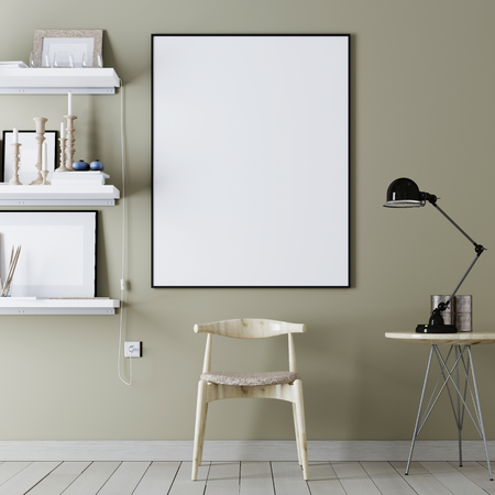 Mock up poster with vintage hipster minimalism loft interior background with chair and shelves with decor, 3D rendering, 3D illustrationの写真素材