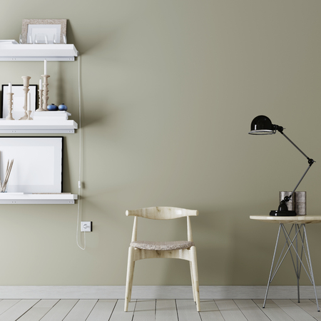Empty wall for mockup with vintage hipster minimalism loft interior background with chair and shelves with decor, 3D rendering, 3D illustrationの写真素材